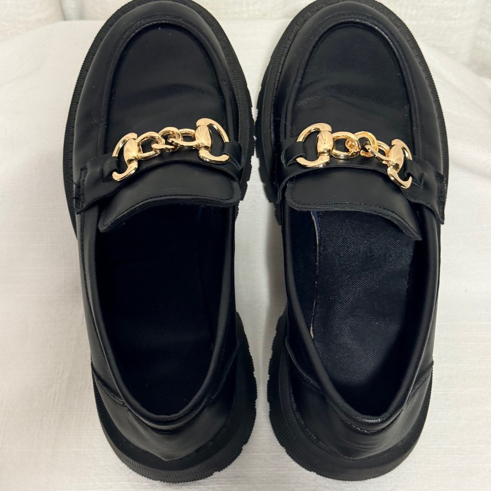 Boutique Platform Lug Sole Loafers 7.5 Black Gold Chain Chunky Slip On Shoes